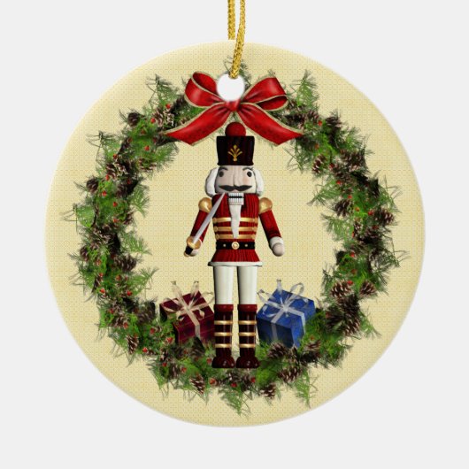 Red Nutcracker Wreath Round Kerstannament Keramisch Ornament (Voorkant)