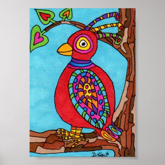 Red Oaxacan Bird Mini Mexican Folk Art Poster (Voorkant)