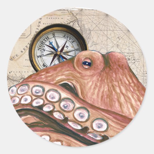 Red Octopus Compass  Map beige Ronde Sticker (Voorkant)