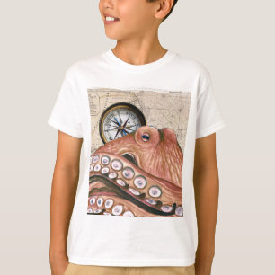 Red Octopus Compass  Map beige T-shirt