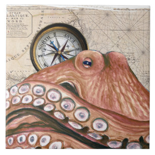 Red Octopus Compass  Map beige Tegeltje