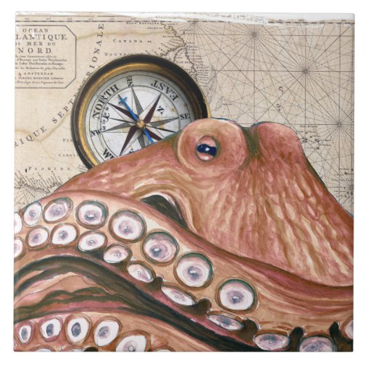 Red Octopus Compass  Map beige Tegeltje (Voorkant)