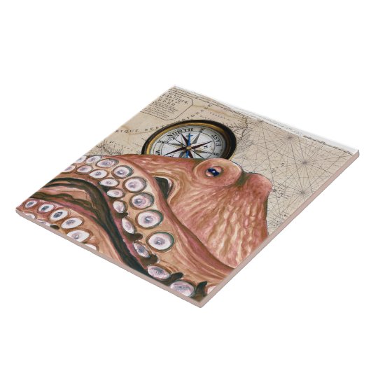 Red Octopus Compass  Map beige Tegeltje (Zijkant)