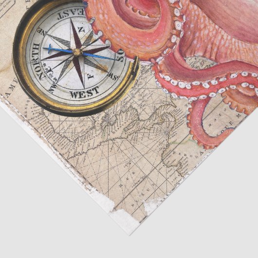 Red Octopus Kraken  Map Compass Nautical Tissuepapier (Detail)