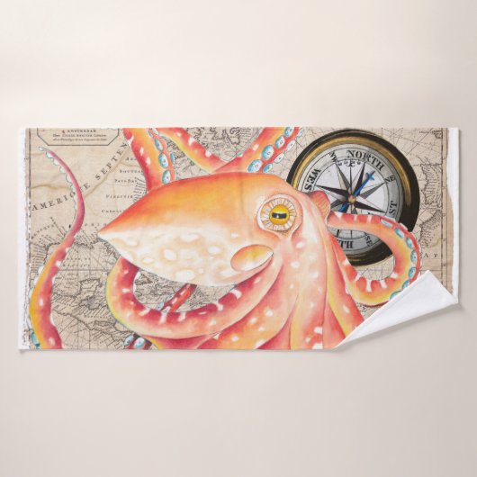 Red Octopus  Map Comass Marine Bad Handdoek (Badhanddoek)
