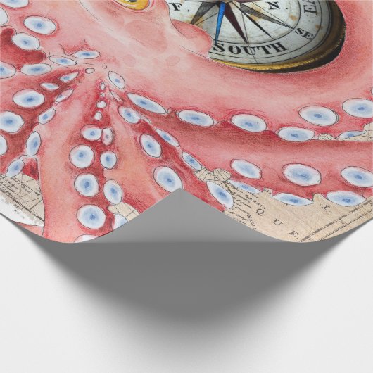 Red Octopus  Map Compass Cadeaupapier (Hoek)