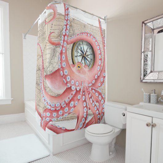 Red Octopus Map Compass Douchegordijn (In situ)