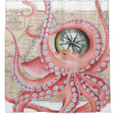 Red Octopus Map Compass Douchegordijn (Voorkant)