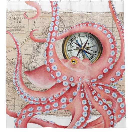 Red Octopus  Map Compass Douchegordijn (Voorkant)