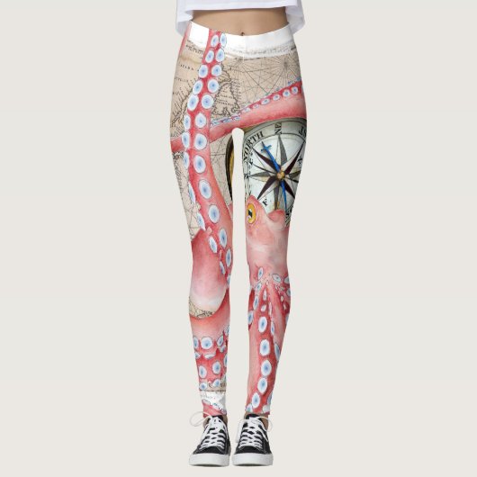 Red Octopus  Map Compass Leggings (Voorkant)