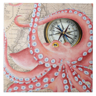 Red Octopus  Map Compass Tegeltje