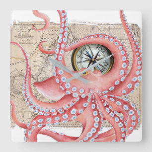 Red Octopus  Map Compass Vierkante Klok