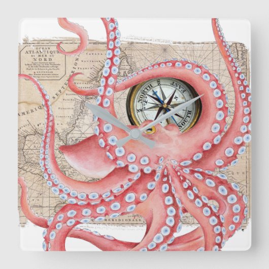 Red Octopus  Map Compass Vierkante Klok (Voorkant)