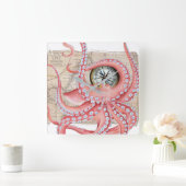 Red Octopus  Map Compass Vierkante Klok (Huis)