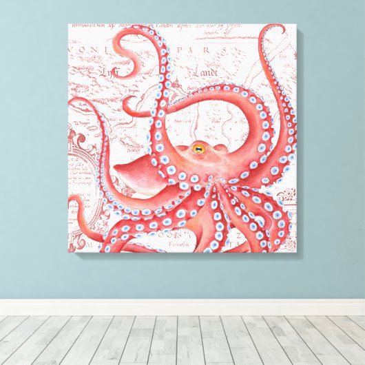 Red Octopus Map White Canvas Afdruk (Insitu (Houten vloer))