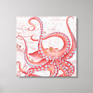 Red Octopus  Map White Canvas Afdruk