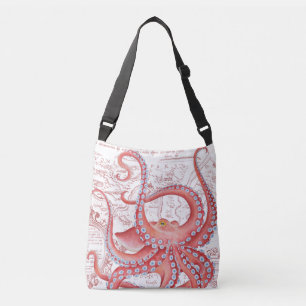 Red Octopus Map White Crossbody Tas