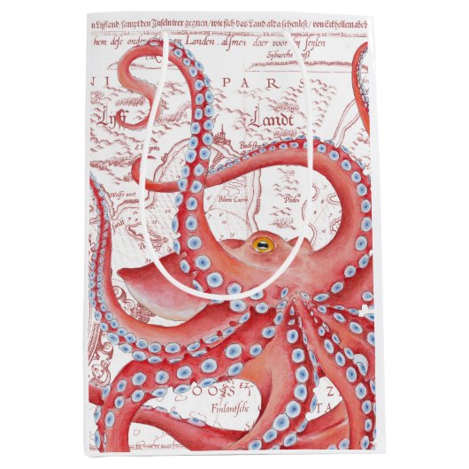 Red Octopus Map White Medium Cadeauzakje (Voorkant)