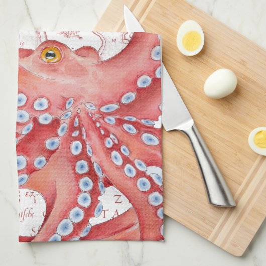 Red Octopus  Map White Theedoek (Quarter Fold)