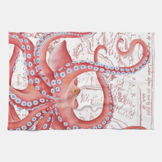 Red Octopus  Map White Theedoek (Horizontaal)