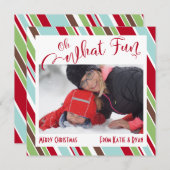 Red Oh What Fun Typografie w/ Diagonaal Stripes Feestdagenkaart (Voorkant / Achterkant)