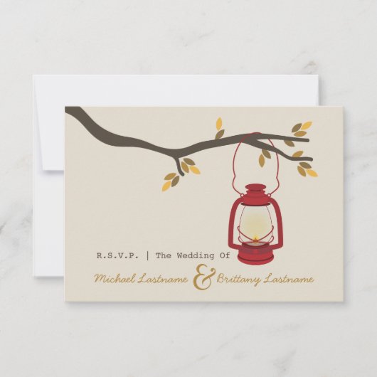 Red Oil Lantern Camping Fall Wedding R.S.V.P. RSVP Kaartje (Voorkant)