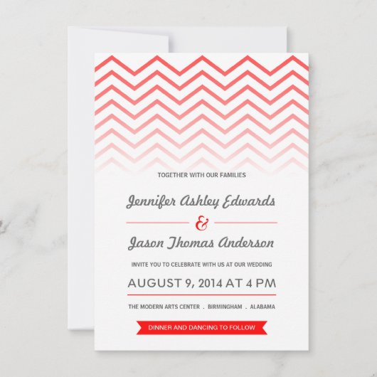 Red Ombre Chevron Wedding Invitations Kaart (Voorkant)