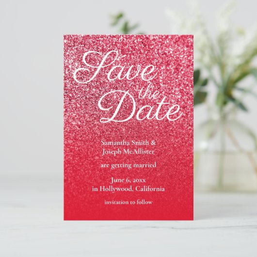 Red Ombre Glitter sparen de Datum Kaart (Staand voorkant)