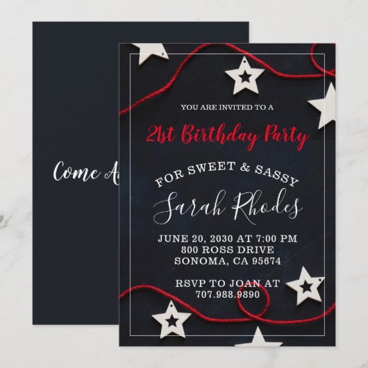 Red on Black 21st Birthday Party Invitation Kaart (Voorkant / Achterkant)