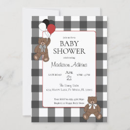 Red on Black Buffalo Check Teddy Bears Baby Shower Kaart