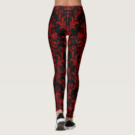 Red on Black Floral Swirls Damask Leggings