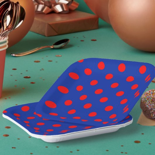 Red On Blue Polka Dots Pattern Design  Papieren Bordje