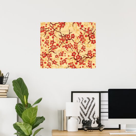 Red on Yellow Sakura Fine  Japans Floral Poster (Thuiskantoor)