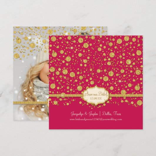 Red onze datum Gold Leaf Glitter Confetti Polka Do Save The Date (Voorkant / Achterkant)