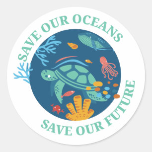 Red onze oceanen en onze toekomstige zee schildpad ronde sticker