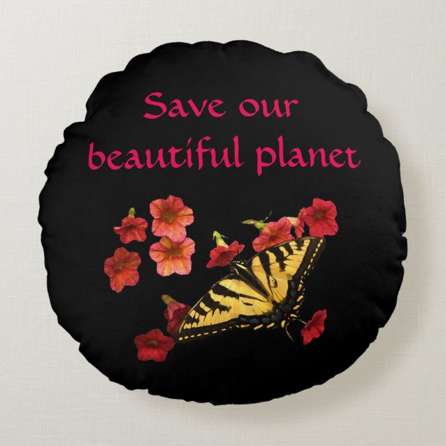 Red onze planeet Butterfly Flowers Round Pillow Rond Kussen (Voorkant)