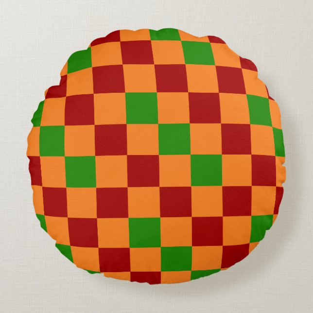 Red Orange Green Checkered Pattern Design  Rond Kussen (Voorkant)