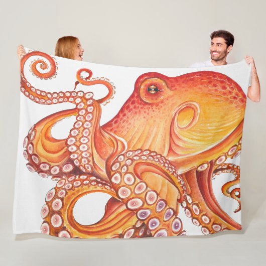 Red Orange Octopus Watercolor Fleece Deken (In situ)