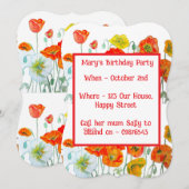 Red Orange Poppies Floral Girl Birthday Invitation Kaart (Voorkant / Achterkant)