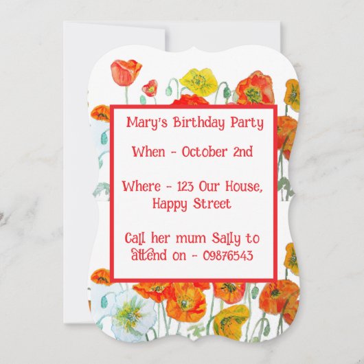 Red Orange Poppies Floral Girl Birthday Invitation Kaart (Voorkant)