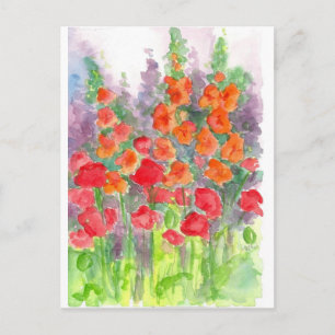 Red Orange Poppy Gladiola Flower Watercolor Garden Briefkaart
