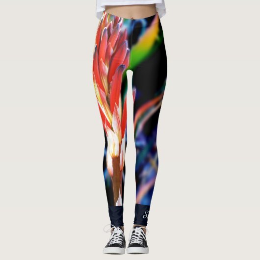 Red Oranje Aloe op Midnight Blue Persoonlijke naam Leggings (Voorkant)