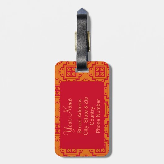 Red Oranje Arabesque Marokkaans grafisch Bagagelabel (Achterkant verticaal)