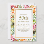 Red Oranje Floral Green laat Gold 50th Birthday Kaart (Voorkant)