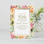 Red Oranje Floral Green laat Gold 50th Birthday Kaart (Staand voorkant)