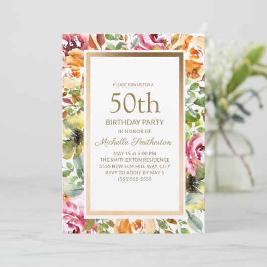 Red Oranje Floral Green laat Gold 50th Birthday Kaart (Staand voorkant)