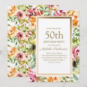 Red Oranje Floral Green laat Gold 50th Birthday Kaart (Voorkant / Achterkant)