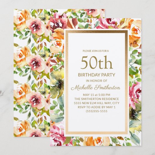 Red Oranje Floral Green laat Gold 50th Birthday Kaart (Voorkant / Achterkant)