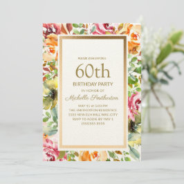 Red Oranje Floral Green laat Gold 60th Birthday Kaart