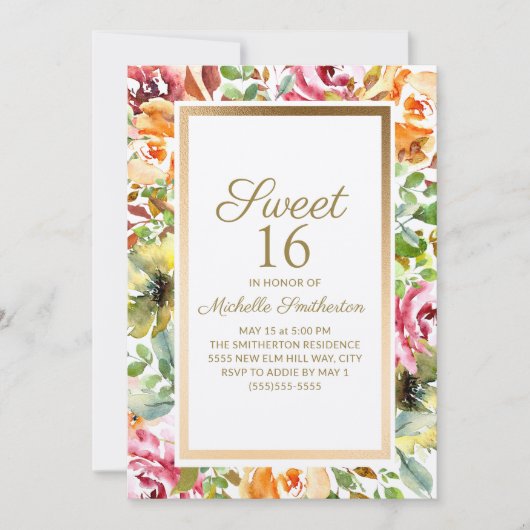 Red Oranje Floral Green Leaves Gold Sweet 16 Kaart (Voorkant)